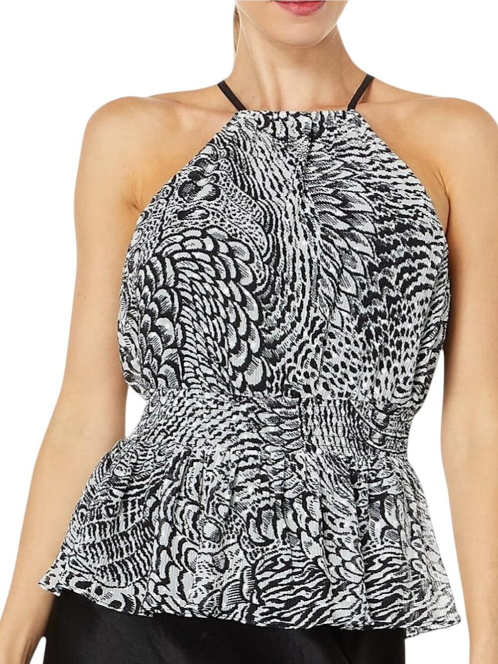 BCBGMaxAzria BCBG Black White Combo Pleated Peplum Smocked Waist Top NWT New S